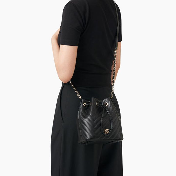 L-Quilted Leather Drawstring Bucket Bag (S)